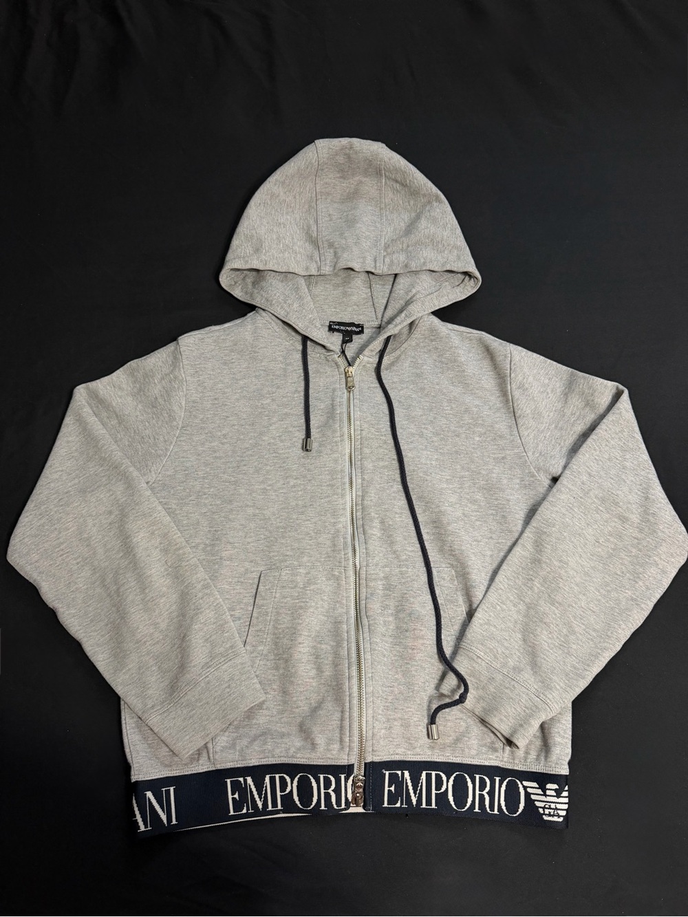 Emporio Armani Light Gray Full-Zip Hoodie with Logo Hem